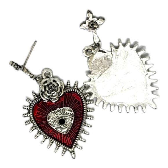 Silvertone Goth Red Enamel Heart Pieced Earrings Drop Dangle - Picture 2 of 3